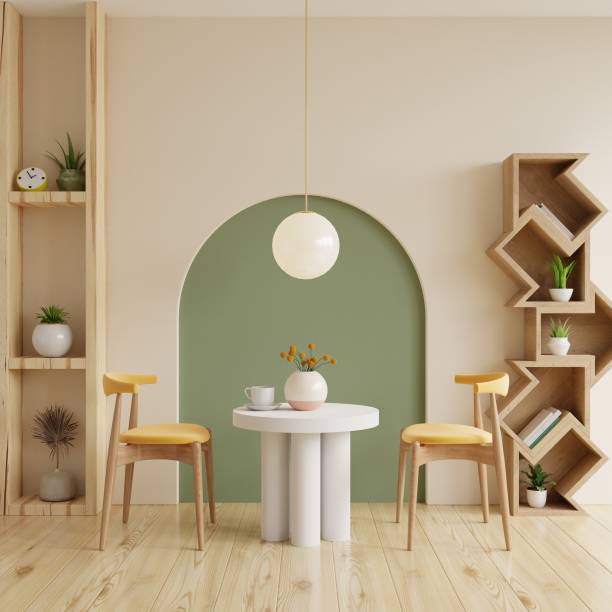 istock Dining room in a coffee shop with green empty wall.3d rendering 1477649202
