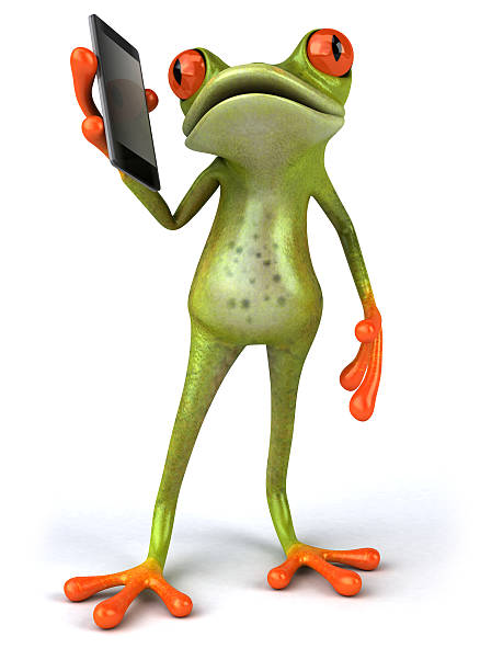 rana con un telefono cellulare - frog three dimensional shape animal green foto e immagini stock