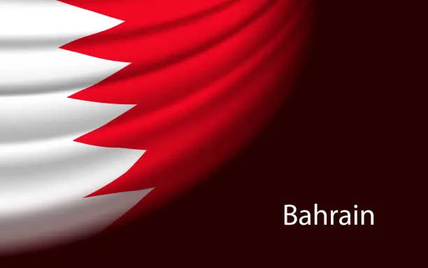 Vector illustration of Wave flag of Bahrain on dark background. Banner or ribbon vector template