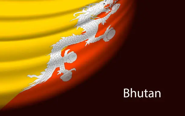 Vector illustration of Wave flag of Bhutan on dark background. Banner or ribbon vector template