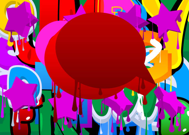 istock Red Speech Bubble Graffiti on multicolored Background. Abstract colorful modern dirty street art decoration performed in urban painting style. 1477652417