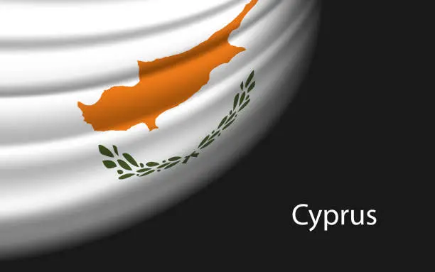 Vector illustration of Wave flag of Cyprus on dark background. Banner or ribbon vector template