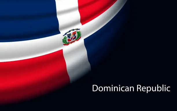 Vector illustration of Wave flag of Dominican Republic on dark background.