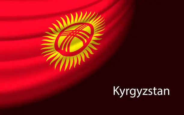 Vector illustration of Wave flag of Kyrgyzstan on dark background. Banner or ribbon vector template