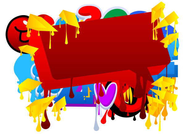 istock Red Speech Bubble Graffiti on multicolored Background. Abstract colorful modern dirty street art decoration performed in urban painting style. 1477652509