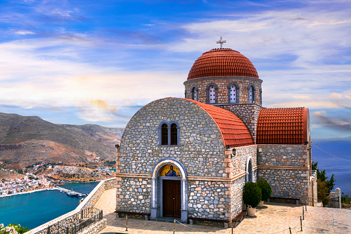 Amazing Greece series - beautiful Kalymnos island, Dodecanese. view of Pothia town and agios Savvas monastery