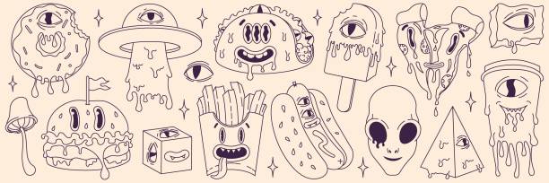 Psychedelic cartoon sticker set. Modern character burger, pizza, soda, hot dog, tacos, ice cream, donut, french fries. Funny faces with distorted eyes. Monochrome palette. Flowing texture. Line art.