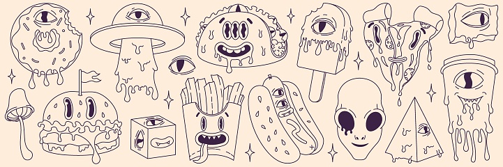 Psychedelic cartoon sticker set. Modern character burger, pizza, soda, hot dog, tacos, ice cream, donut, french fries. Funny faces with distorted eyes. Monochrome palette. Flowing texture. Line art.