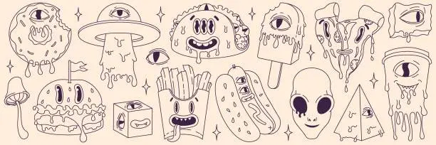 Vector illustration of Psychedelic cartoon sticker set. Modern character burger, pizza, soda, hot dog, tacos, ice cream, donut, french fries. Funny faces with distorted eyes. Monochrome palette. Flowing texture. Line art.