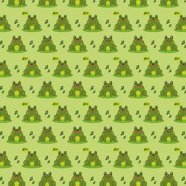 Vector illustration of Green Pattern With Cute Singing Frogs Or Toads With Musical Notes. Vector Illustration In Flat Style