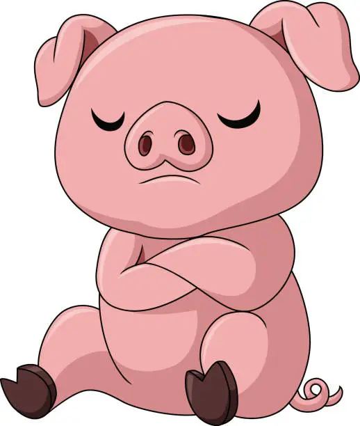 Vector illustration of Cute sad pig cartoon on white background