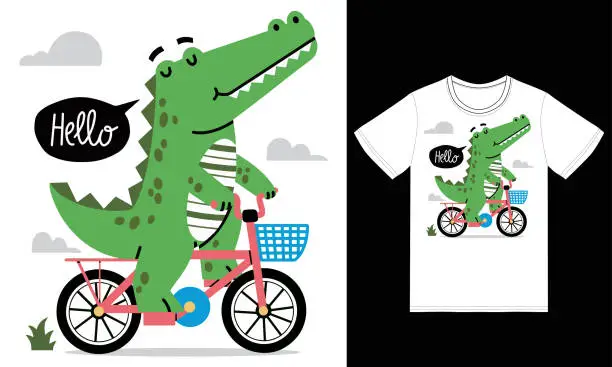 Vector illustration of Cute crocodile riding bike illustration with tshirt design premium vector