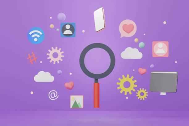 istock 3d render magnifying glass with online media application and icon that floating around on purple background. 1477664673