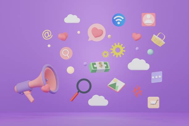 istock 3d render megaphone with online media application and icon that floating around on purple background. 1477664674
