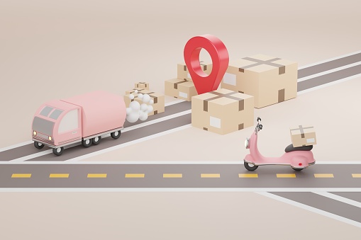 3d render of brown cardboard boxes parcel with truck, scooter and road. Shopping Online delivery concept.