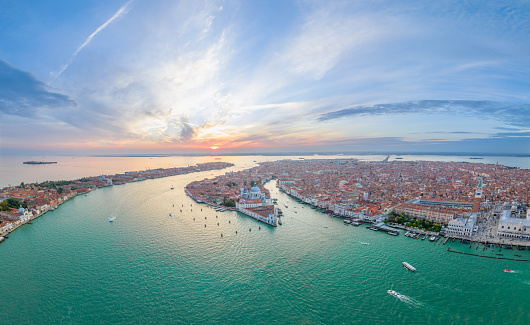 Aerial view of Venice city skyline at sunset, Italy. tourist travel attraction.