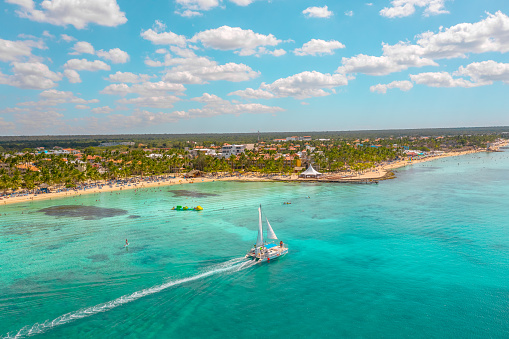 The Hillsboro Inlet separating the city of Pompano Beach to the south and Lighthouse Point community of Deerfield Beach to the north shot during a helicopter photo flight from an altitude of about 200 feet over the Atlantic Ocean.