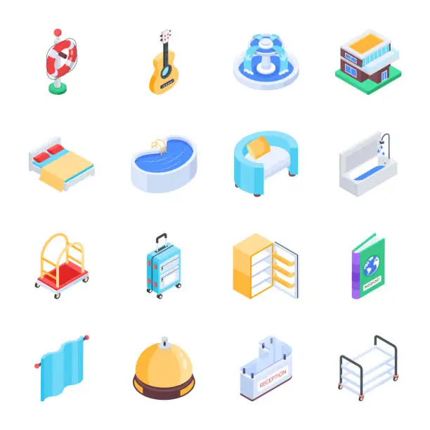 Vector illustration of Modern Hotel and Summer Vacation Isometric Icons