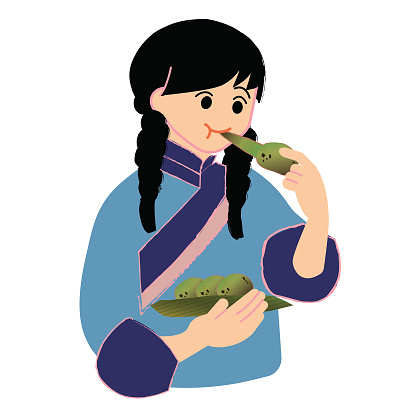 A girl wearing traditional Hakka clothing and eating qingtuan, which is a festival dessert in Ching Ming festival.