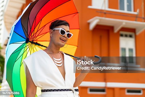 istock Asian gay man friends in woman clothes holding rainbow umbrella walking down city street. 1477675086