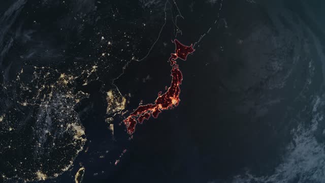 Highlighted dark map of Japan, zooming in from the space through a 4K photo real animated globe, with a panoramic view consisting of Asia, Africa and Eurasia. Epic spinning world animation, Realistic planet earth, highlight, satellite, aerial