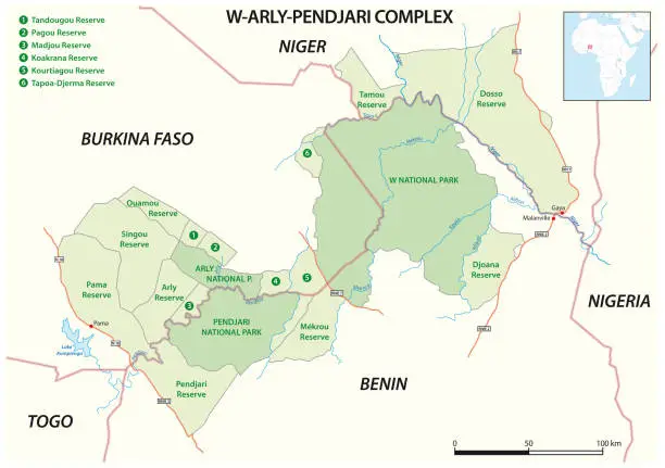 Vector illustration of Map of Transboundary Conservation Area W Arly Pendjari, Benin, Niger, Burkina Faso