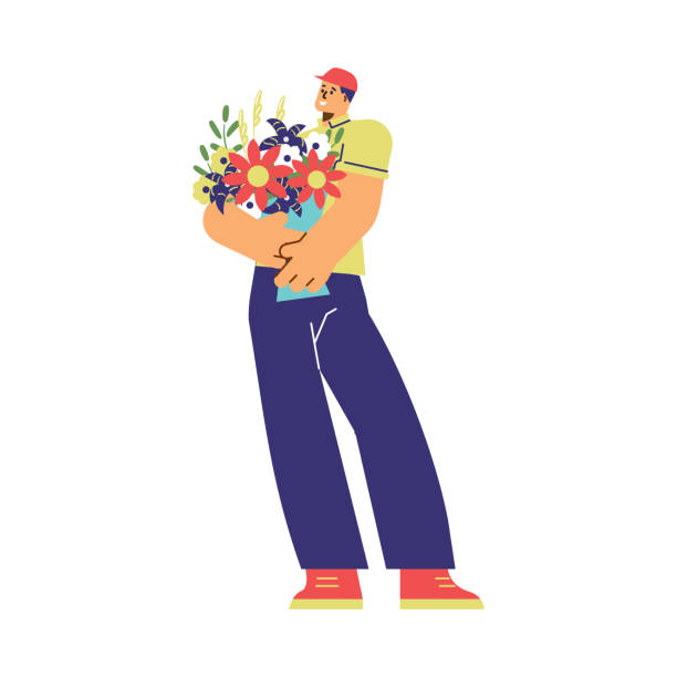 istock Smiling man holding bouquet of flowers, flat vector illustration isolated on white background. 1477676099