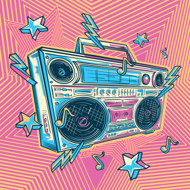 istock Music design - funky colorful drawn boom box tape recorder 1477676551