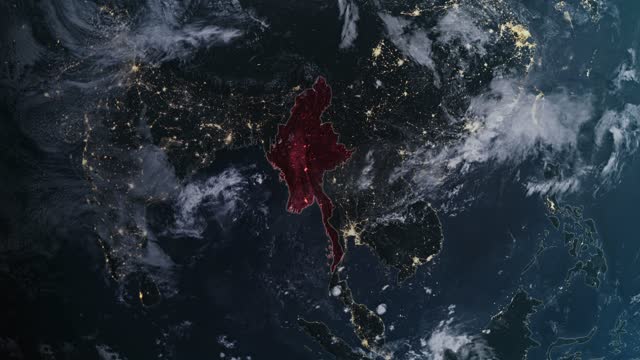Highlighted dark map of Myanmar, zooming in from the space through a 4K photo real animated globe, with a panoramic view consisting of Asia, Africa and Eurasia. Epic spinning world animation, Realistic planet earth, highlight, satellite, aerial