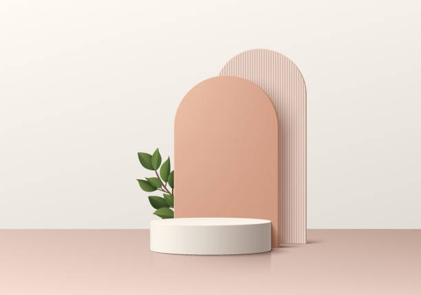 istock Realistic 3D white cylinder pedestal podium background with brown arch backdrop and green leaf. Wall minimal scene. Mockup product showcase. Banner promotion stage display. Vector abstract empty room. 1477679972