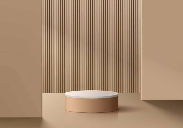 istock 3D realistic white and brown cylinder pedestal podium background with window light and shadow. Wall minimal scene mockup products stage showcase, Banner promotion display. Vector abstract empty room. 1477679985