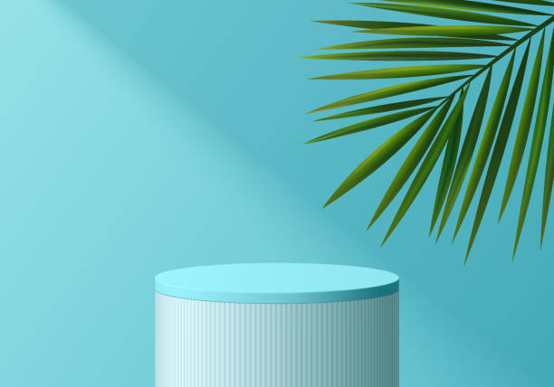 istock 3D realistic blue, green and white products podium background with coconut leaf. Summer minimal wall scene mockup product stage showcase, Banner promotion display. Abstract vector geometric platforms. 1477679994