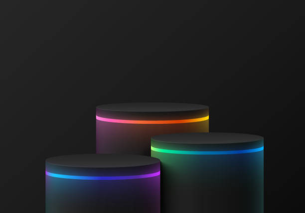 Set of 3D Realistic black product podium background with glowing colorful neon light. Wall minimal scene mockup product stage showcase, Futuristic banner promotion display. Abstract vector empty room. vector art illustration