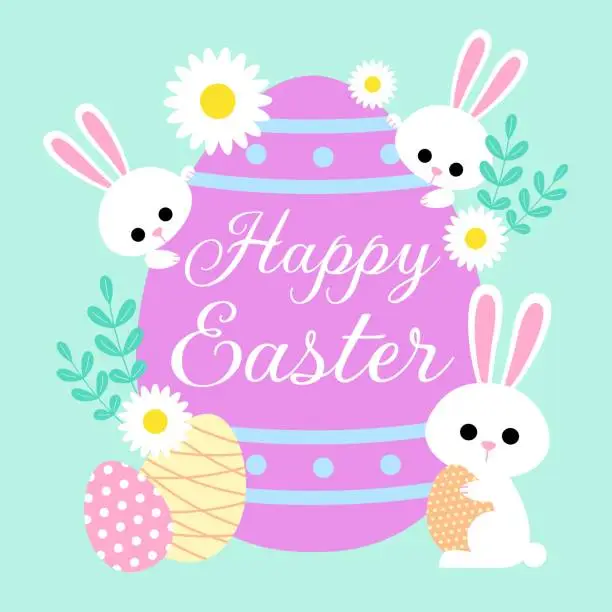 Vector illustration of Cute Vector Happy Easter with colorful easter eggs and white bunnies.