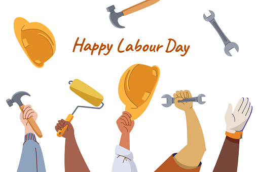 Labour day background, horizontal banner. International workers, people with different occupation holding helmet, hammer, spanner. Modern flat vector illustration elements set.