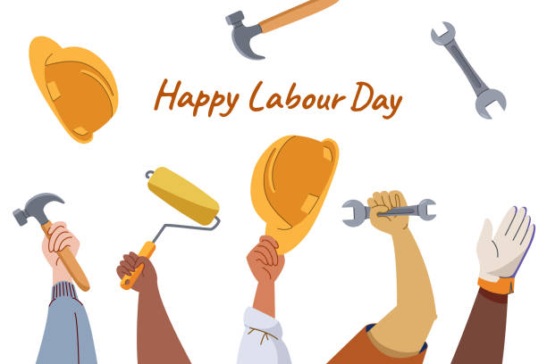 Labour day background horizontal banner flat design people different occupation holding work tools Labour day background, horizontal banner. International workers, people with different occupation holding helmet, hammer, spanner. Modern flat vector illustration elements set. labor day stock illustrations