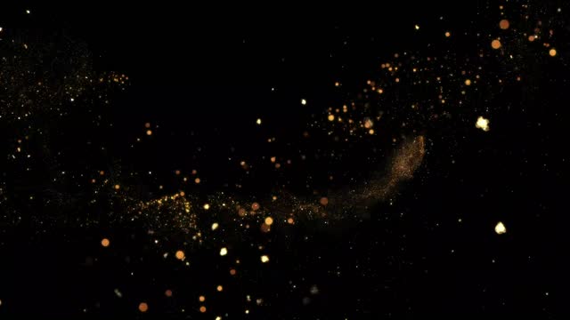 Gold Particles Moving Background. fast energy flying wave line with flashlights. Particle from below. Particle gold dust flickering on black background. Abstract Footage background for text.