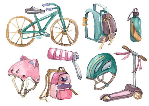The family travels by bike. Bicycle travel elements set: backpacks and helmets, bicycle and scooter, water bottles. Hand drawn watercolor illustration isolated on white background