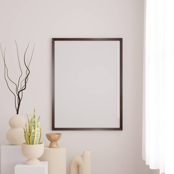 istock Vertical wood frame mockup in living room interior with window light shadow. 3d rendering, 3d illustration 1477685197