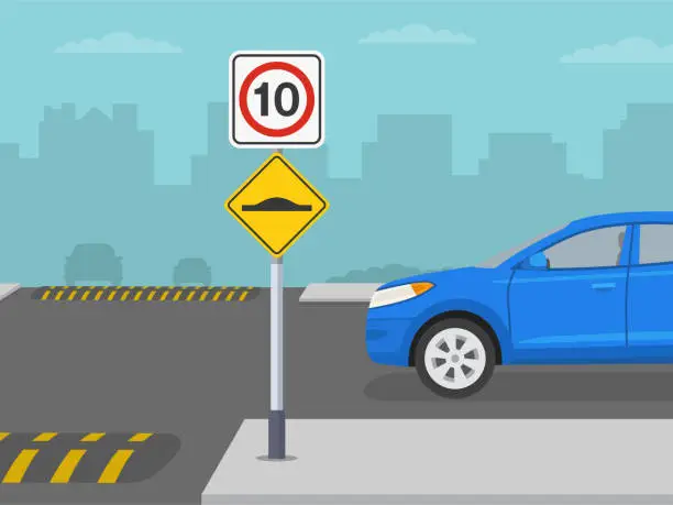 Vector illustration of Speed limit and speed hump traffic sign on outdoor parking area.
