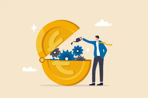 Vector illustration of Euro monetary policy, central bank or government to manage EU or European financial or economic, inflation and interest rate policy concept, businessman put oil lubricate into  open Euro money coin.