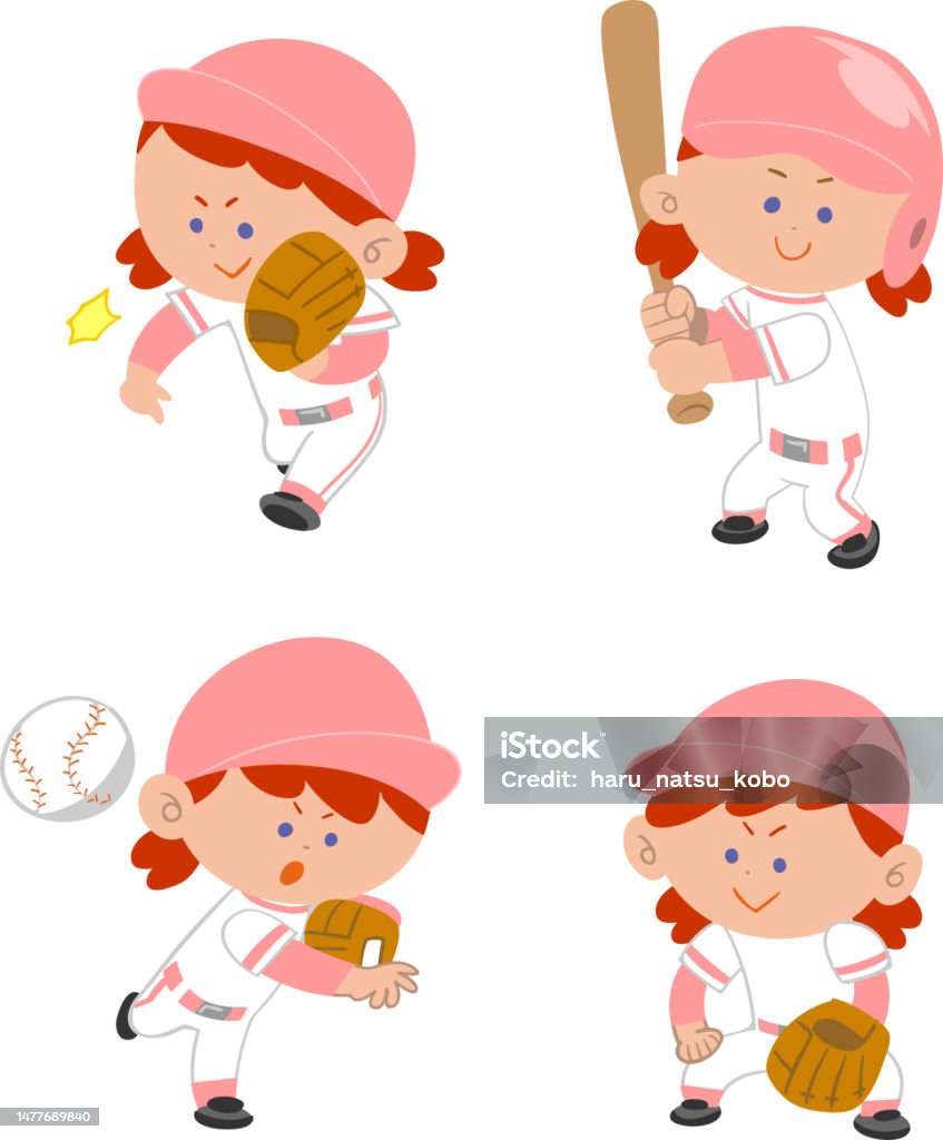 Illustration set of girls playing baseball - 免版稅女人圖庫向量圖形