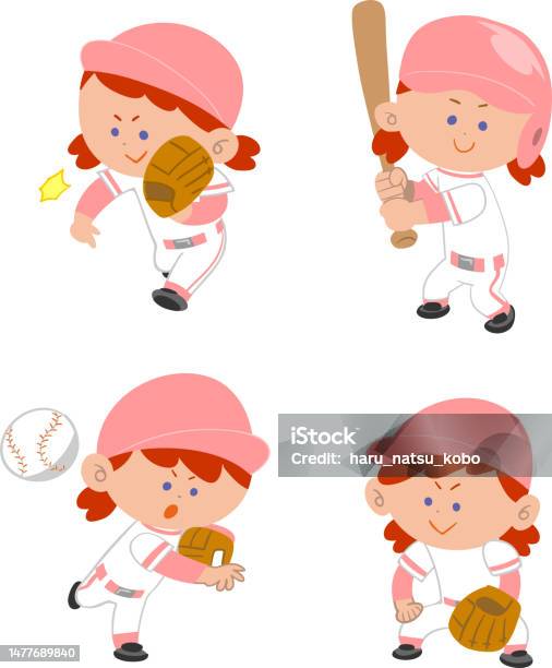 Illustration Set Of Girls Playing Baseball向量圖形及更多女人圖片 - 女人, 棒球 - 團體運動, 棒球棒
