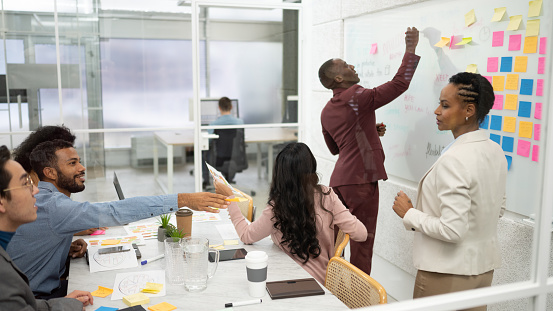 Businessman giving presentation on whiteboard while discussing business plan with team during meeting.