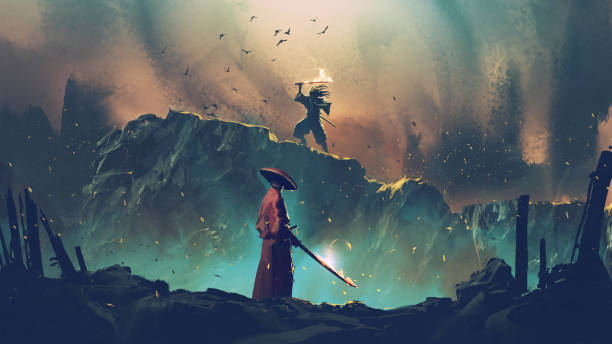 Dueling with honor and fire Scene of two samurais in duel on the cliff, digital art style, illustration painting spiritual warfare stock illustrations