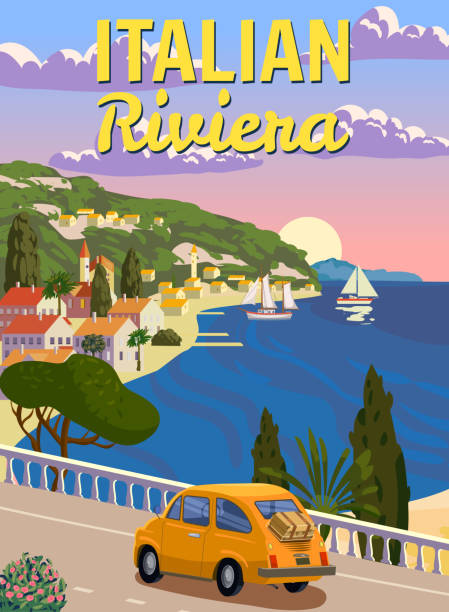 ilustrações, clipart, desenhos animados e ícones de riviera italiana itália, paisagem romântica mediterrânea, montanhas, cidade litorânea, mar. viagem de cartaz retro - liguria