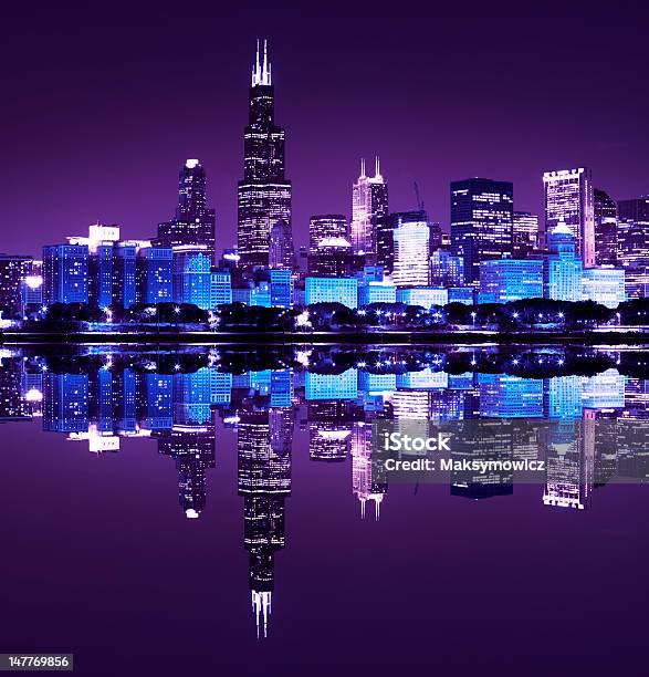 Night View At Downtown Chicago Stock Photo - Download Image Now - Chicago - Illinois, Neon Lighting, Urban Skyline