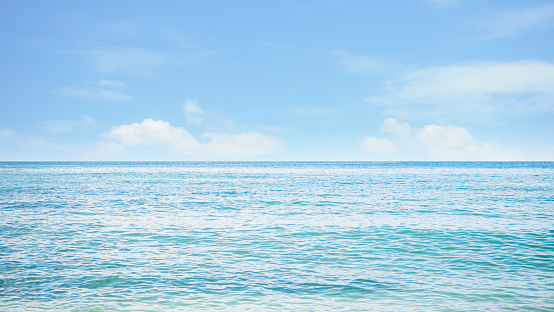 Sea Ocean Horizon Water Background,Texture Pattern Surface View Wave Blue Shor Calm Still at Caost,Backdrop Tropical Summer Nature Seascape with Cloud Blue Sky Sunlight Day,Beautiful Landscape.