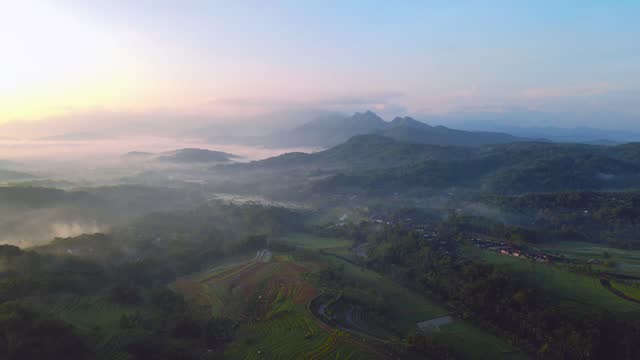 Aerial view of Indonesia rural landscape in the morning.