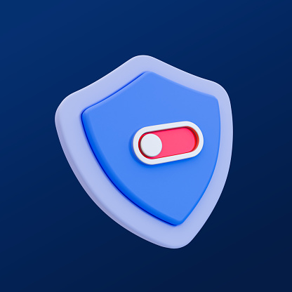3d minimal turn-off security concept. security defending. protection deactivated. Shield icon with toggle button switch turn off. 3d illustration, clipping path included.